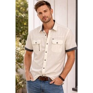 Guess Mens XXL Short Sleeve Button Down Shirt Off White Utility Pocket